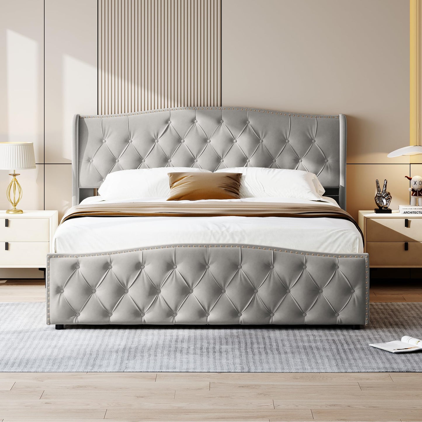 WOBOPCG Upholstered Double Bed 140 x 200, Hydraulic Storage Bed with Slatted Bases, Double Bed with Storage Space, Functional Bed with Storage Space (Grey + Flannel, 140 x 200)