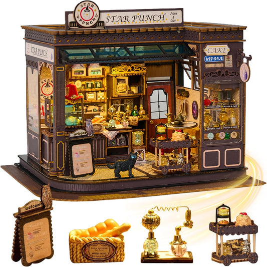 Mostop DIY Miniature Dollhouse Kit-Book Nook Kit,Holzpuppenhaus Bausatz Miniaturhaus Bausatz mit LED Licht,Miniaturhaus Bausätze für Kinder/Erwachsene Haus DIY Bausätze(Magic Coffee Shop)