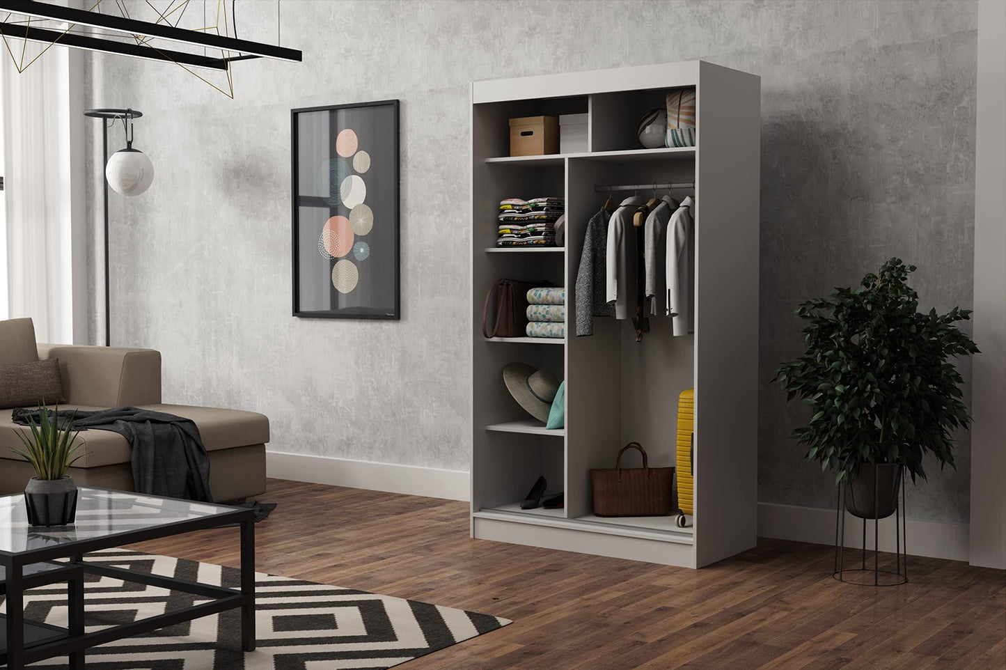 Brent - Kleiderschrank mit Spiegel Henry, 250cm Breit, Schlafzimmerschrank mit 1 Kleiderstange und Einlegeböden für Kleidung, Kleiderschrank Grau