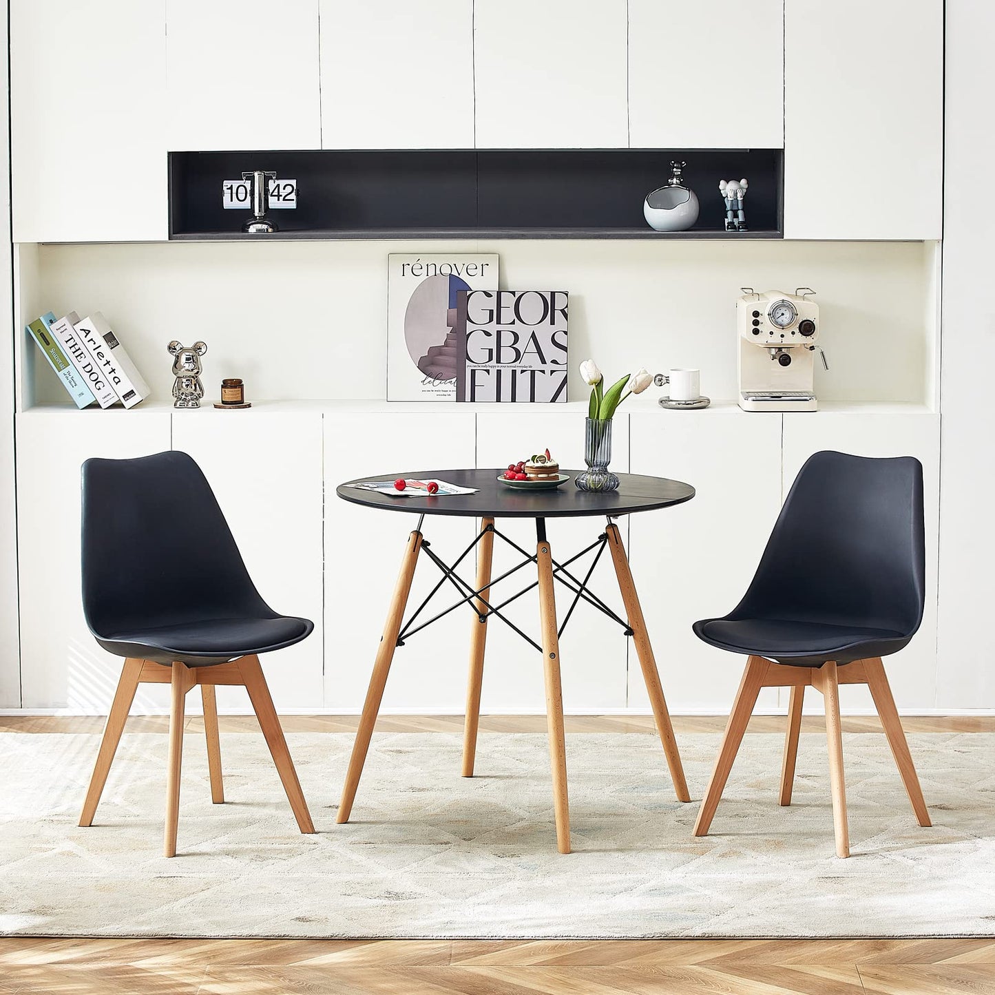 FURNITABLE Round Dining Room Table with 4 White Chairs Dining Room Set for Dining Room Kitchen Living Room