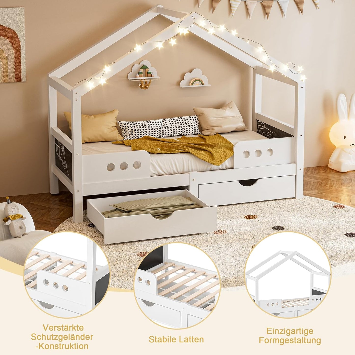Merax Children's Bed 90 x 200 cm with Fall Protection, Children's House Bed with Drawers and Storage Shelf, Sturdy Wooden Tree House Bed with Slatted Frame, Play Bed for Boys and Girls, White