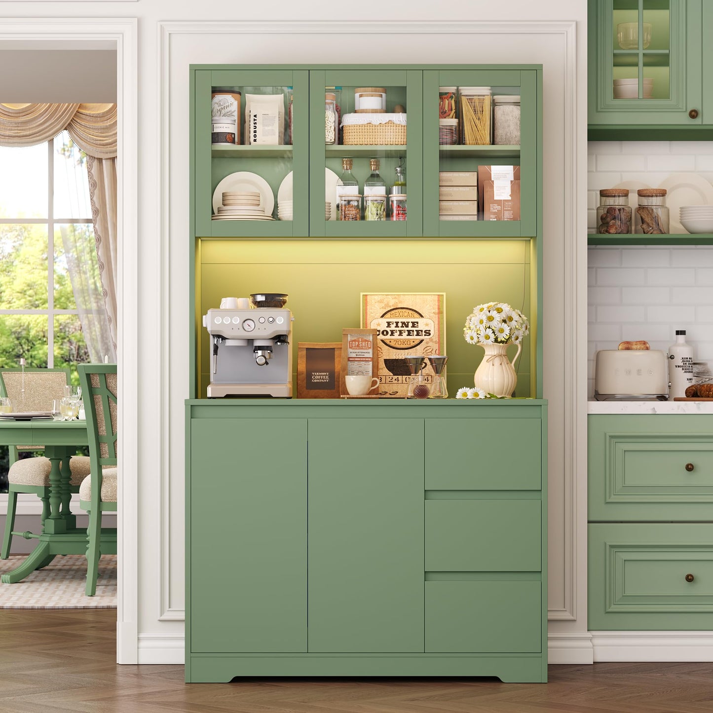 FirFurd Kitchen Cabinet Buffet Cabinet with LED Sideboard for Kitchen with Power Strip Kitchen Cabinet with Worktop and 3 Drawers Kitchen Buffet with Adjustable Shelf 180 x 100 x 38.5 cm (Black)