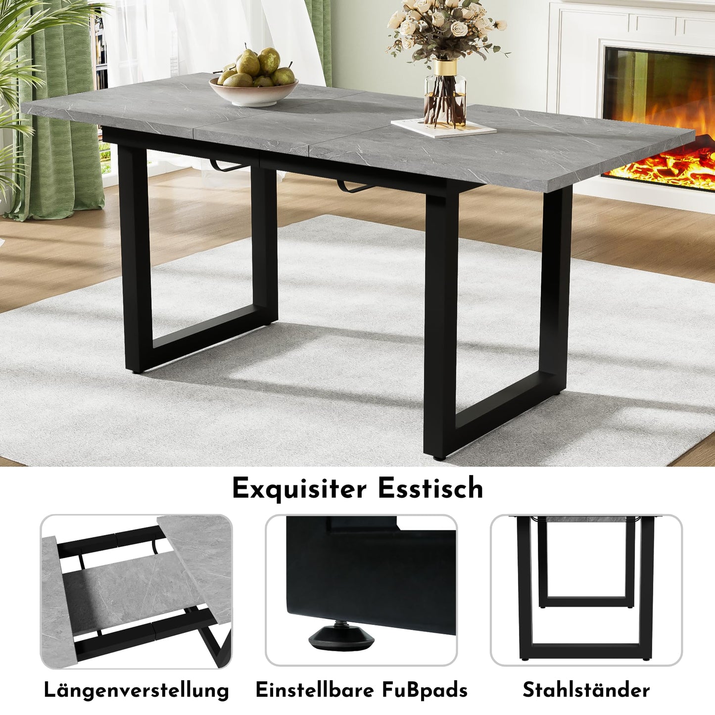 Merax Esstisch, Ausziehbar Esszimmertisch mit Tischbeine aus Metall, Rechteckiger Küchentisch für Wohnzimmer und Esszimmer, Grau