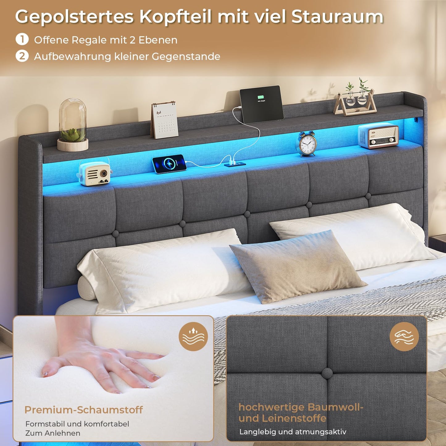 AOGLLATI Upholstered Bed 140 x 200 cm, Double Bed Frame, Bed Frame with LED Lighting and Charging Station, Bed Frame with Headboard, Bed Floating Bed Frame, Metal Bed, Linen, Dark Grey (without