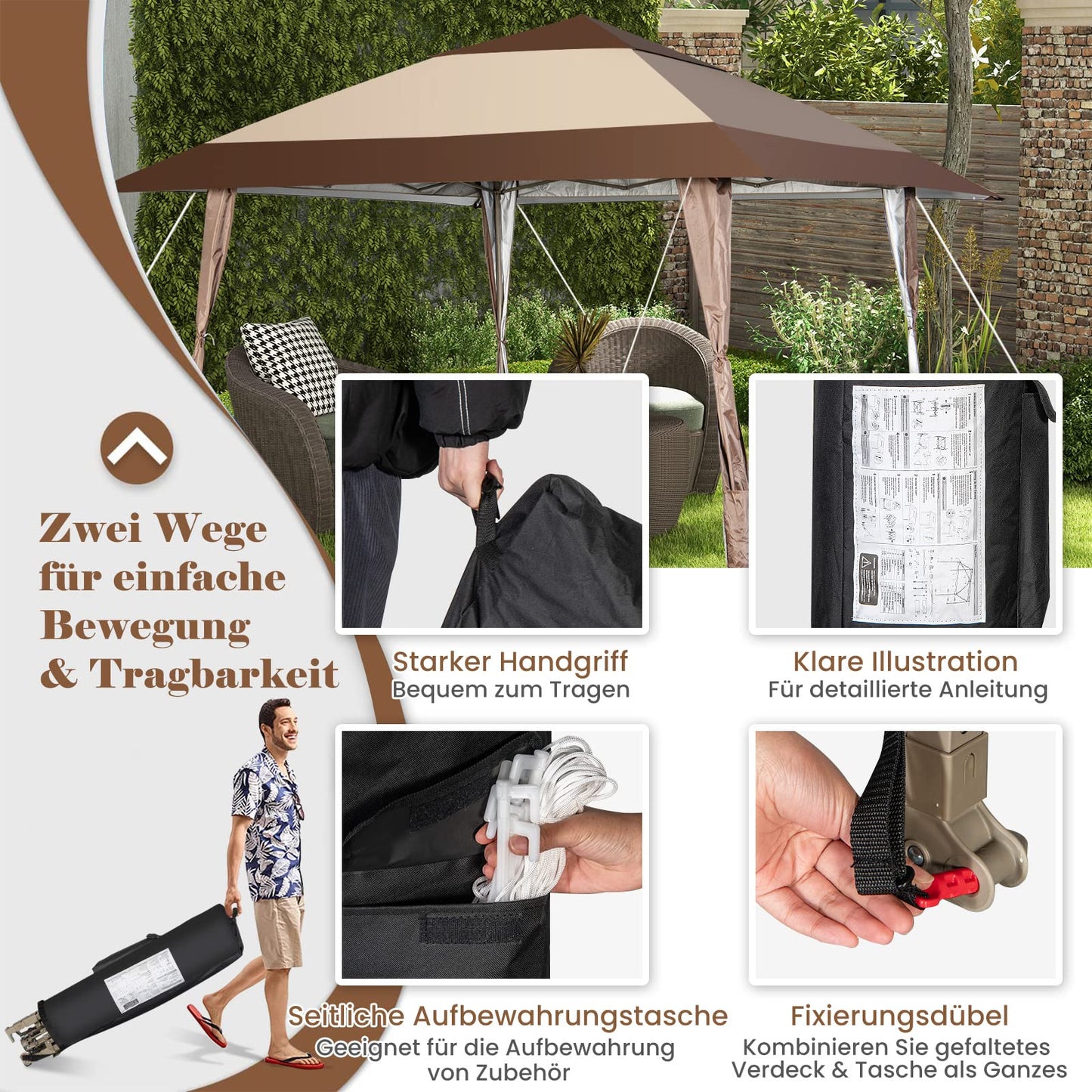 COSTWAY Folding Gazebo 4 x 4 m, Pop Up Gazebo with Wheels and Carry Bag, Waterproof, UV Protection 50+, Party Tent, Garden Gazebo for Garden, Party, Wedding and Festival