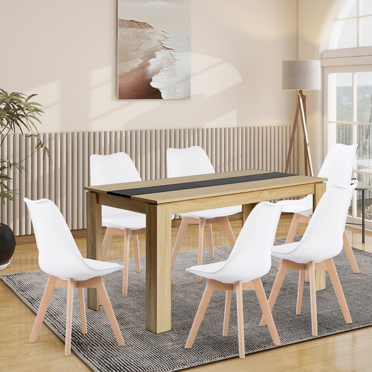 FURNITABLE Dining Table with 6 Chairs, Dining Room Group, Set of 6 Dining Room Chairs and 140 cm Rectangular Wooden Table Dining Set for Living Room, Kitchen, Office (Oak-Black Table + 6 Black Chairs)