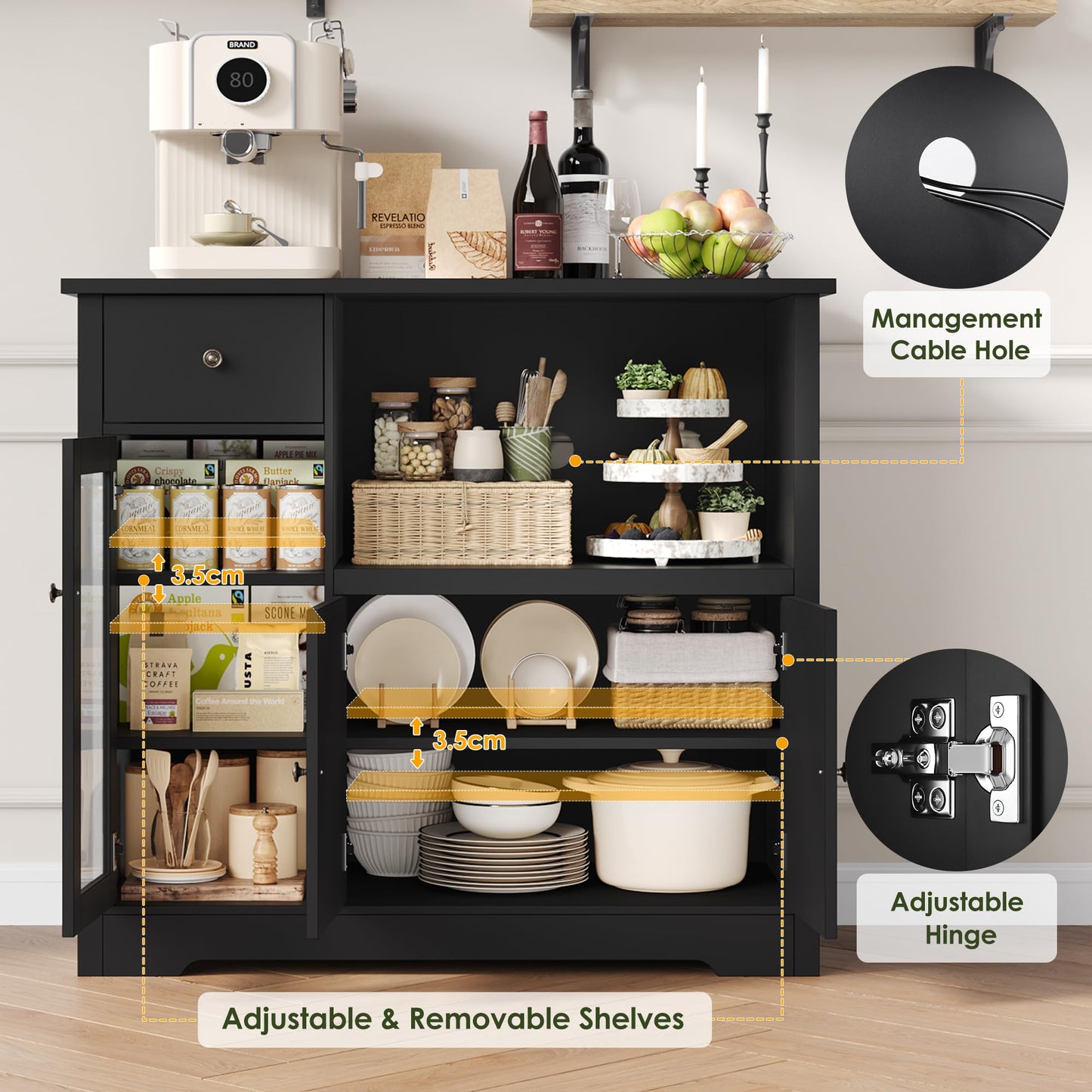 HOCSOK Kitchen Cabinet with Worktop, Sideboard Kitchen with Microwave Shelf, Buffet Cabinet with 1 Drawer, 3 Doors, Adjustable Shelves, for Kitchen, Dining Room, Living Room, Black