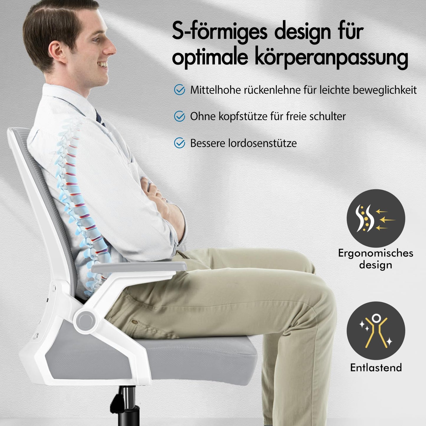ALFORDSON Bürostuhl, Lendenstütze, Atmungsaktives Netz und Stoff, Hochklappbare/Verstellbare Armlehnen, Hochwertiger Schaumstoff, 180kg für Zuhause & Gaming, Wale, Schwarz