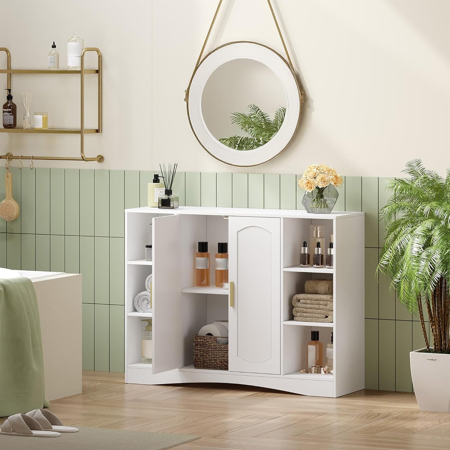 HEXCELEN Bathroom Cabinet, Storage Cabinet with 2 Doors, Side Cabinet, Kitchen Cabinet with Open Compartment, Adjustable Shelf, Bathroom Cabinet, for Bathroom, Living Room, Kitchen, White, 30 × 100 ×