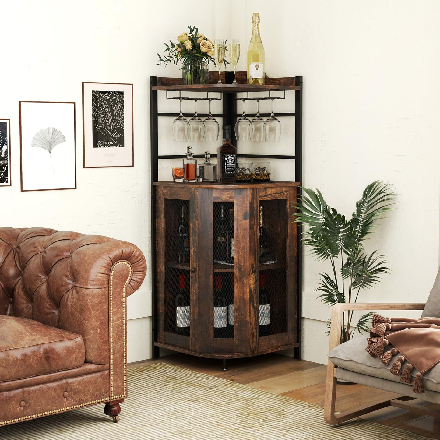 GIANTEX Weinschrank Eckschrank Industrial, Barschrank mit Glashalter, Weinbarschrank mit verstellbarem Regal, Küche Hausbar mit Metallgittertüren, Küchenschrank mit Kippschutz, 46 x 46 x 130 cm