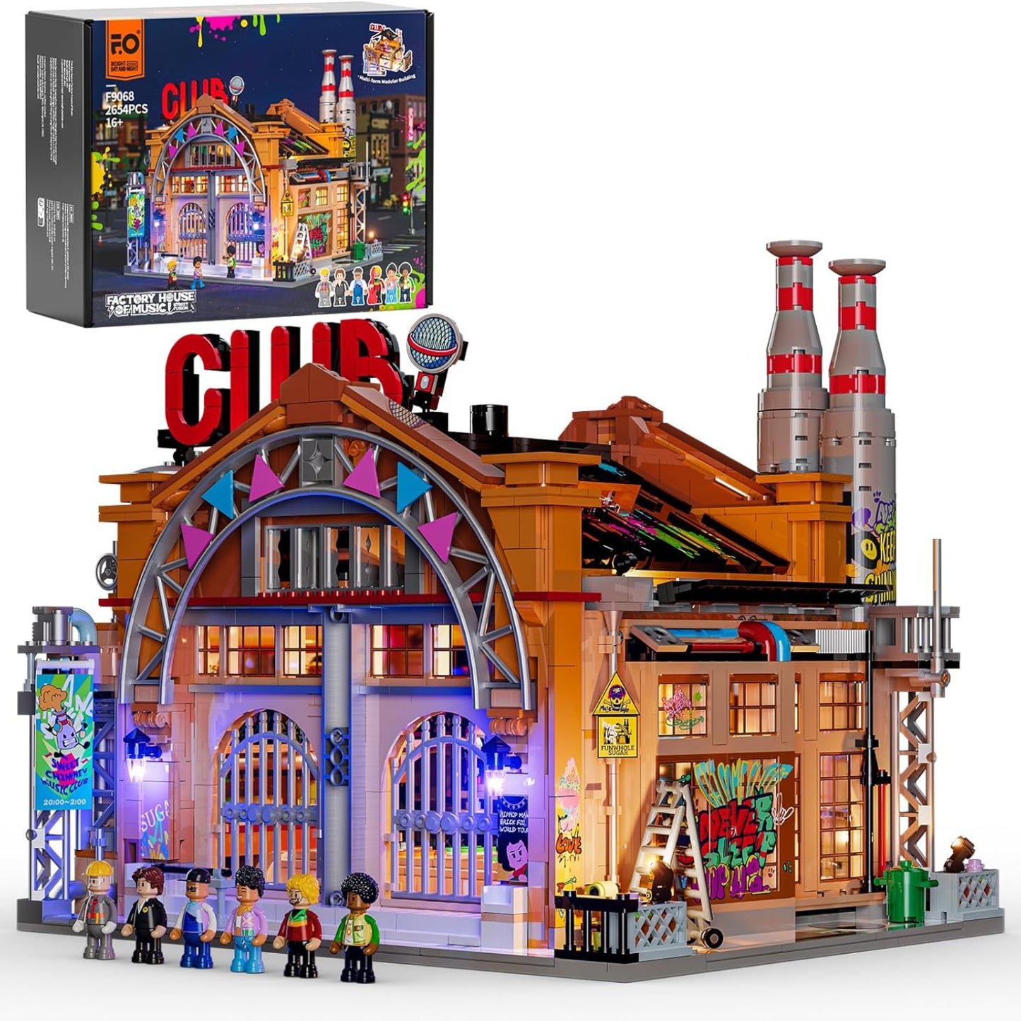 Funwhole Fabrikhaus-der-Musik Beleuchtung Klemmbausteine Haus, City Straßenfusion Modular Building &Deko Aesthetic, 2654 Pcs, Spielzeug-Geschenk für Musikliebhaber & Street-Culture-Fans, F9068