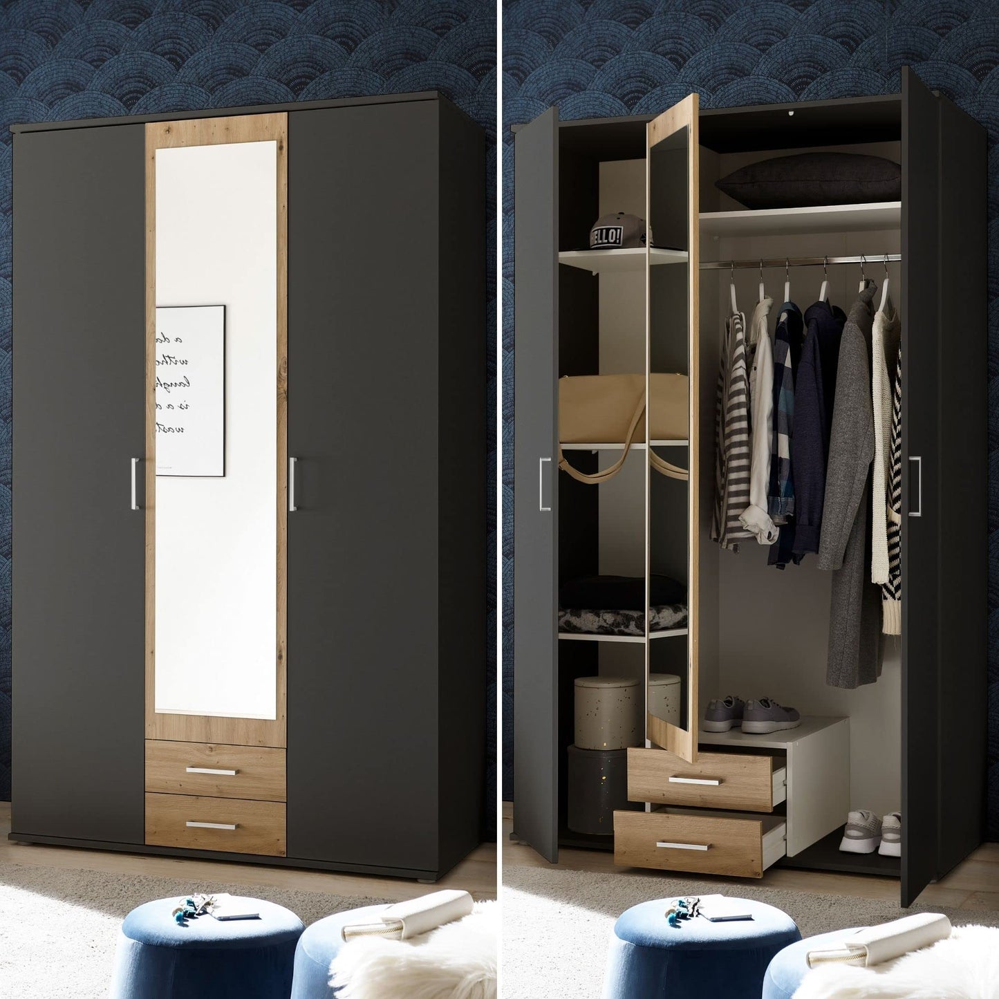 Stella Trading HANAU Wardrobe with Mirror Door in White, Graphite, Versatile Hinged Door Cupboard, 4 Doors for Your Bedroom, 160 x 196 x 54 cm (W x H x D)