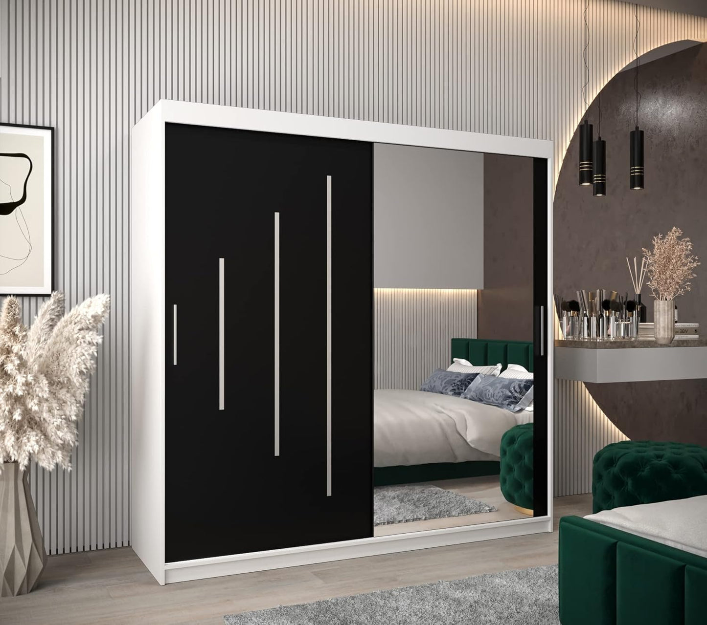 MEBLE KRYSPOL Kleiderschrank mit Spiegel York 2 - Garderobenschrank - Schrank Schlafzimmer - Mehrzweckschrank Zwei Schiebetüren - Regalen - Flur Möbel - Kleiderstange Schrank - Allzweckschrank