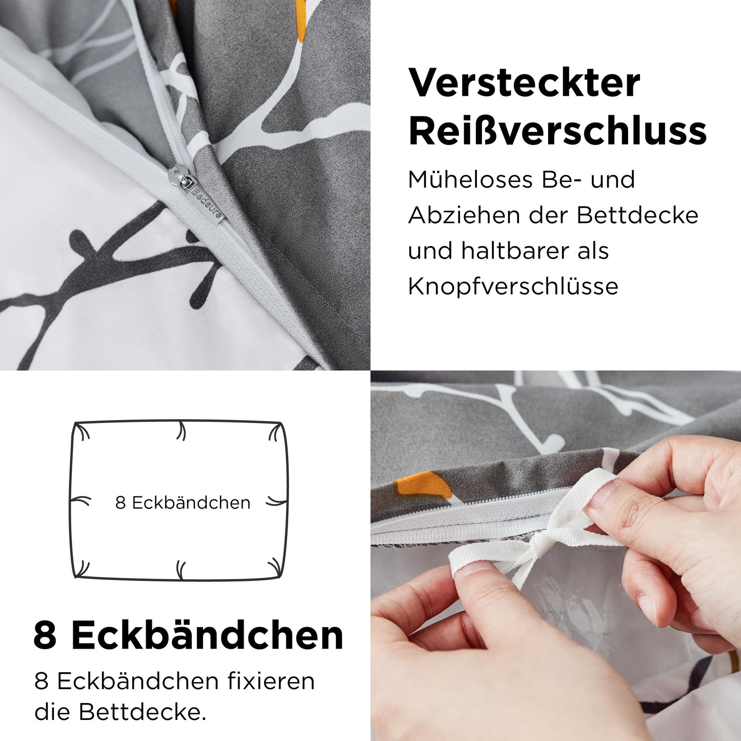 BEDSURE Bettwäsche 135x200 4teilig Bettbezug - Bettwäsche-Sets 135 x 200 cm 2er Set mit 2 Kissenbezüge 80x80cm, ÖKO-TEX Wendebettwäsche Bedding Zweige Grau Muster mit Reißverschluss
