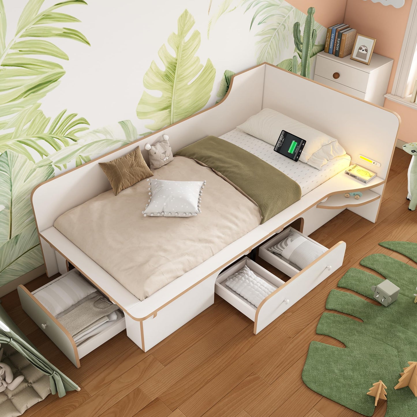 RIAZOS Kinderbett Holzbett 90x200 cm, Massiveholz Einzelbett mit Schreibtisch und Schubladen, Stauraumbett mit Lattenrost, für Jungen & Mädchen, ohne Matratze, Weiß