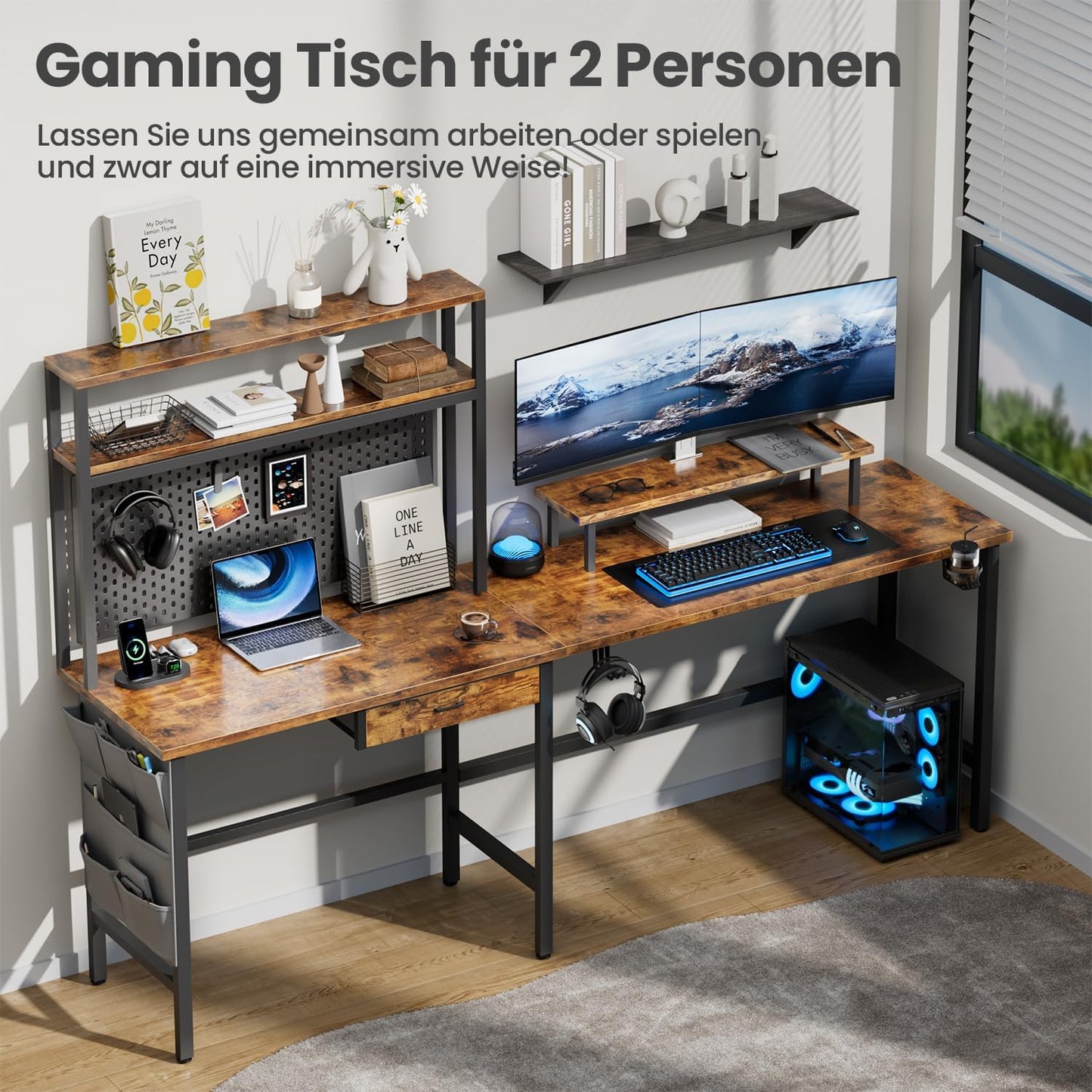 HLONONE Gaming Table with LED, 150 x 100 cm Gaming Desk, L Shape with 3 Sockets and 2 USB, Reversible Corner Desk, PC Corner Table, Computer Desk with Monitor Stand and Countertop Shelf, Black