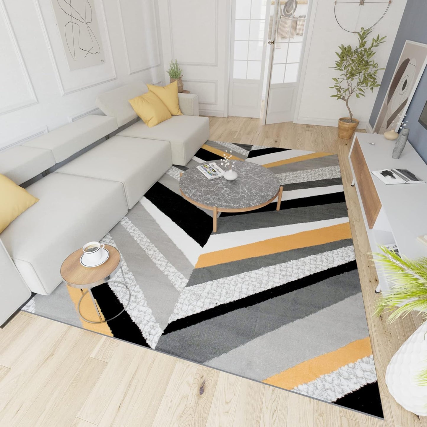 Mazovia Modern Rug, Short Pile, Oeko-Tex Rug for Living Room, Bedroom, Dining Room, Robust and Easy to Clean, Low Pile Height, Grey Yellow, 250 x 350 cm