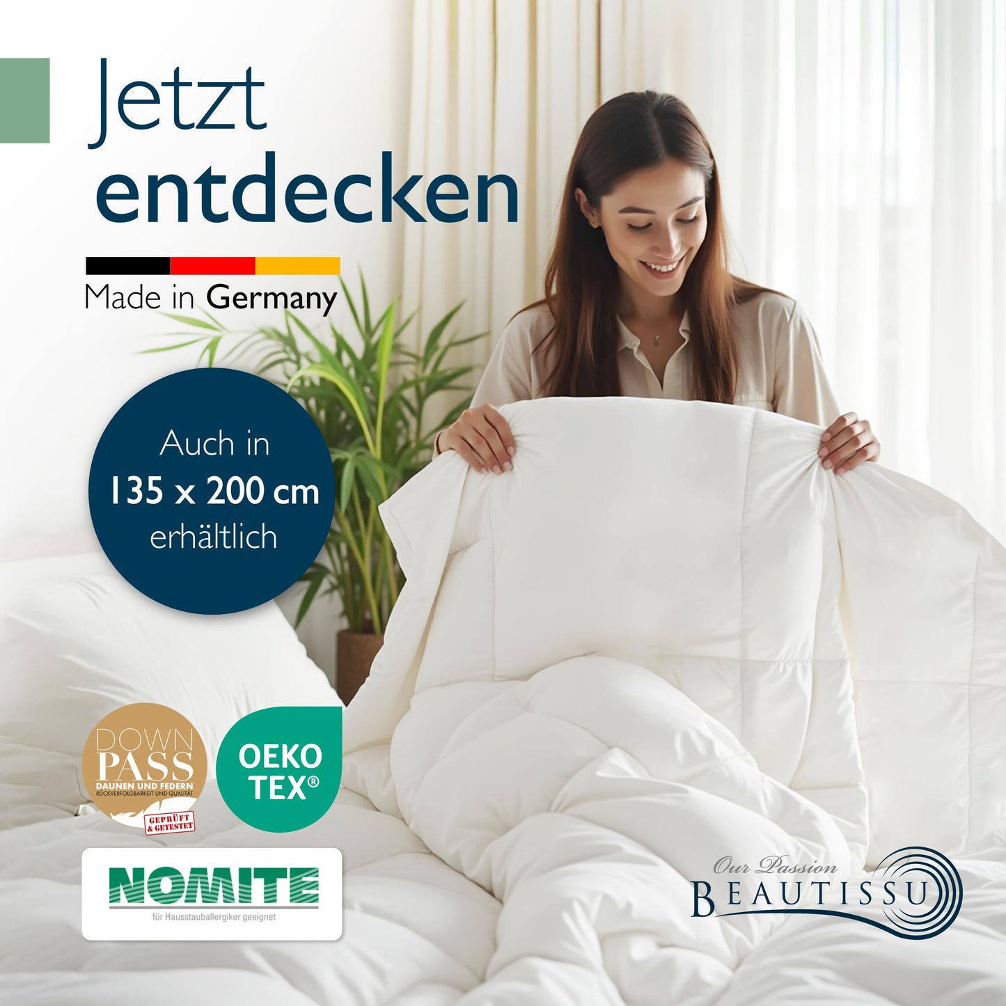 Beautissu All-Year Duvet Feather Duvet 135 x 200 cm with 100% Down and Feathers - Made in Germany - Oeko-Tex, Downpass & Nomite Certified - 100% Cotton Cover Down Duvet 135 x 200 cm Washable - GF