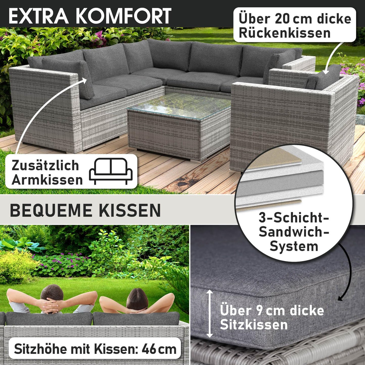 BRAST® Gartenmöbel Lounge Set | 4-5 Personen viele Modelle & Farben | inkl. extra Dicke Kissen | TÜV geprüft | Outdoor Loungemöbel Sitzgruppe Essgruppe Garnitur | Harmony Schwarz