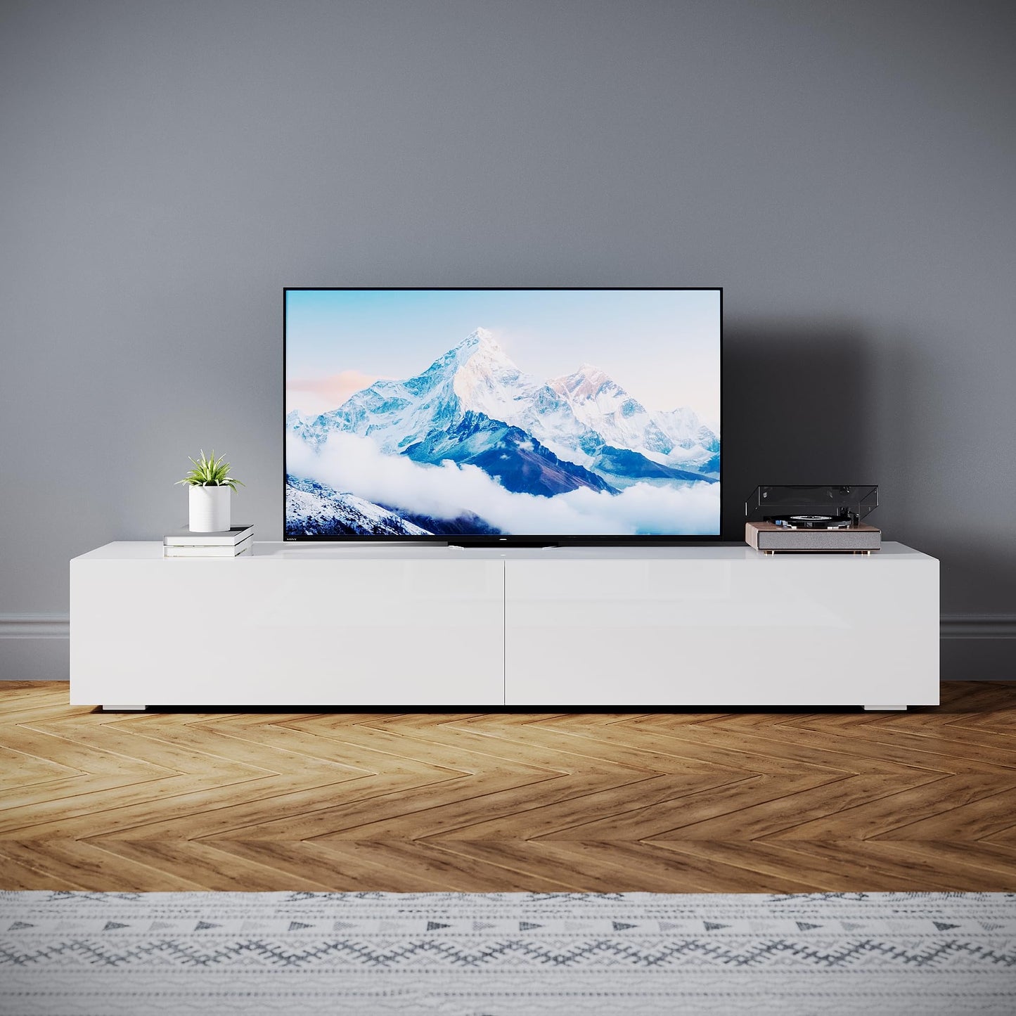 SONNI Modern TV Cabinet 180 cm, Lowboard High Gloss White with 16 Colours LED Lighting, Drawer, Open Glass Shelves, TV Stand for TVs up to 65 Inches, Living Room & Bedroom, 180 x 35 x 45 cm