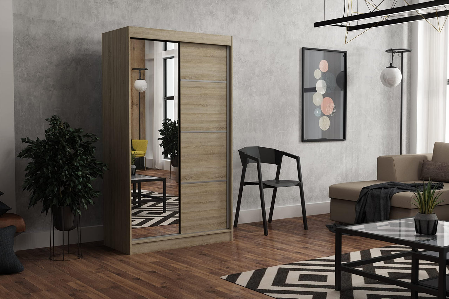 Brent - Tom Wardrobe with Mirror, 160 cm Wide, Bedroom Wardrobe with 1 Clothes Rail and Shelves for Clothes, Wardrobe Grey