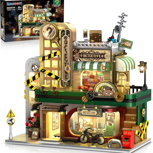 INSOON Stadt Detektiv Haus Bauspielzeug mit LED Licht, 1231 Stück Detektivbüro Bausteine mit Clue, Architektur Konstruktion Baukasten Modell für Erwachsene Jugendliche Kinder Jungen Mädchen 6-12+