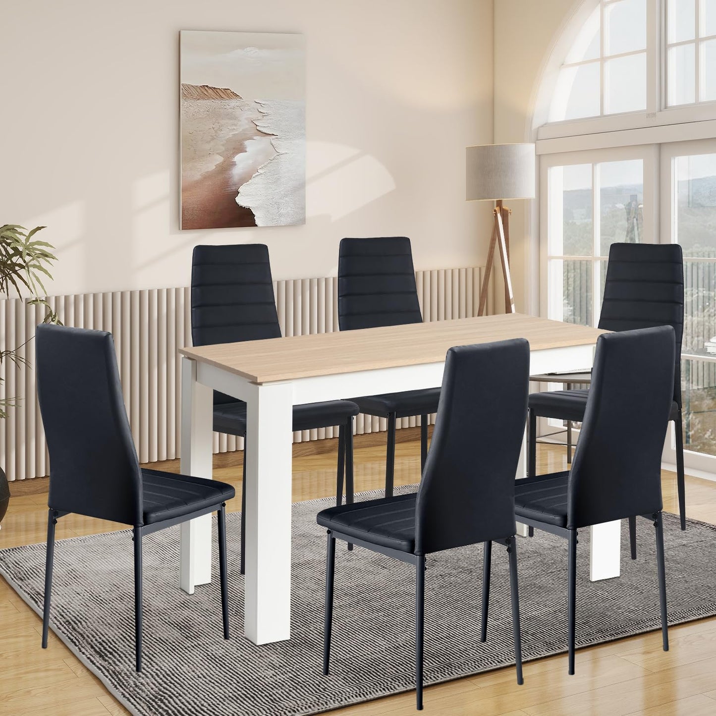 FURNITABLE Esstisch mit 6 Stühlen Esszimmergruppe, Essgruppe mit Hochlehner Kunstleder Stuhl für 6 Personen, Sitzgruppe für Küche Wohnzimmer(160cm Eiche-Weiß Tischbein Tisch+6 Schwarz Stühle)