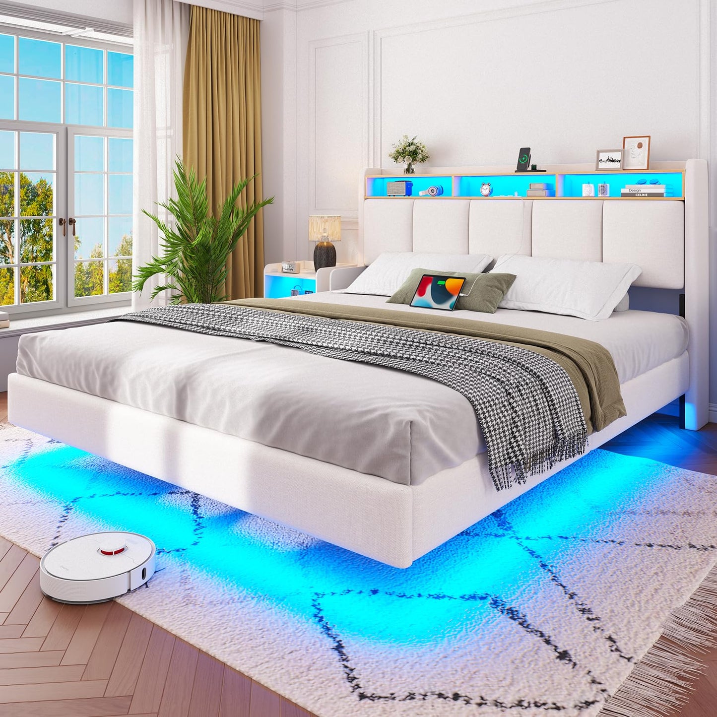 Brinlawb Upholstered Bed 140 x 200 cm Floating Bed with LED Lighting, Headboard and Charging Station (2 AC Sockets, 2 USB Ports), Bed 140 x 200 cm with Storage Space, Modern Double Bed with Slatted