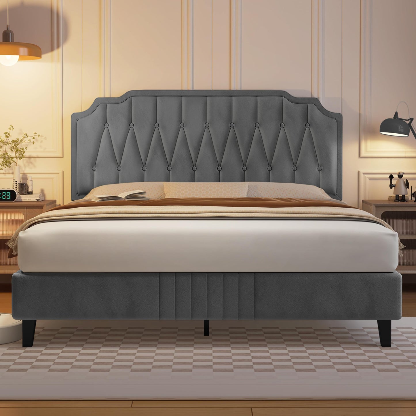 Yaheetech Upholstered Double Bed 140 x 200 cm Fabric Bed Youth Bed Padded Bed with Height-Adjustable Headboard Bed Frame with Slatted Frame, Dark Grey