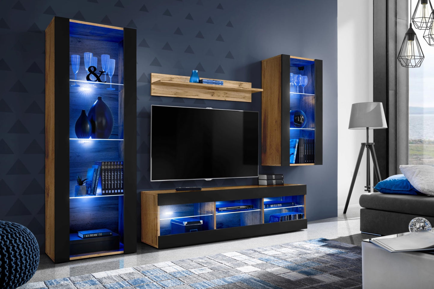 Komodee Tivoli Medio Wall Unit Living Room Set, Black/Black, Width 245 cm x Height 159 cm x Depth 35 cm, LED Blue, for Living Room, Bedroom
