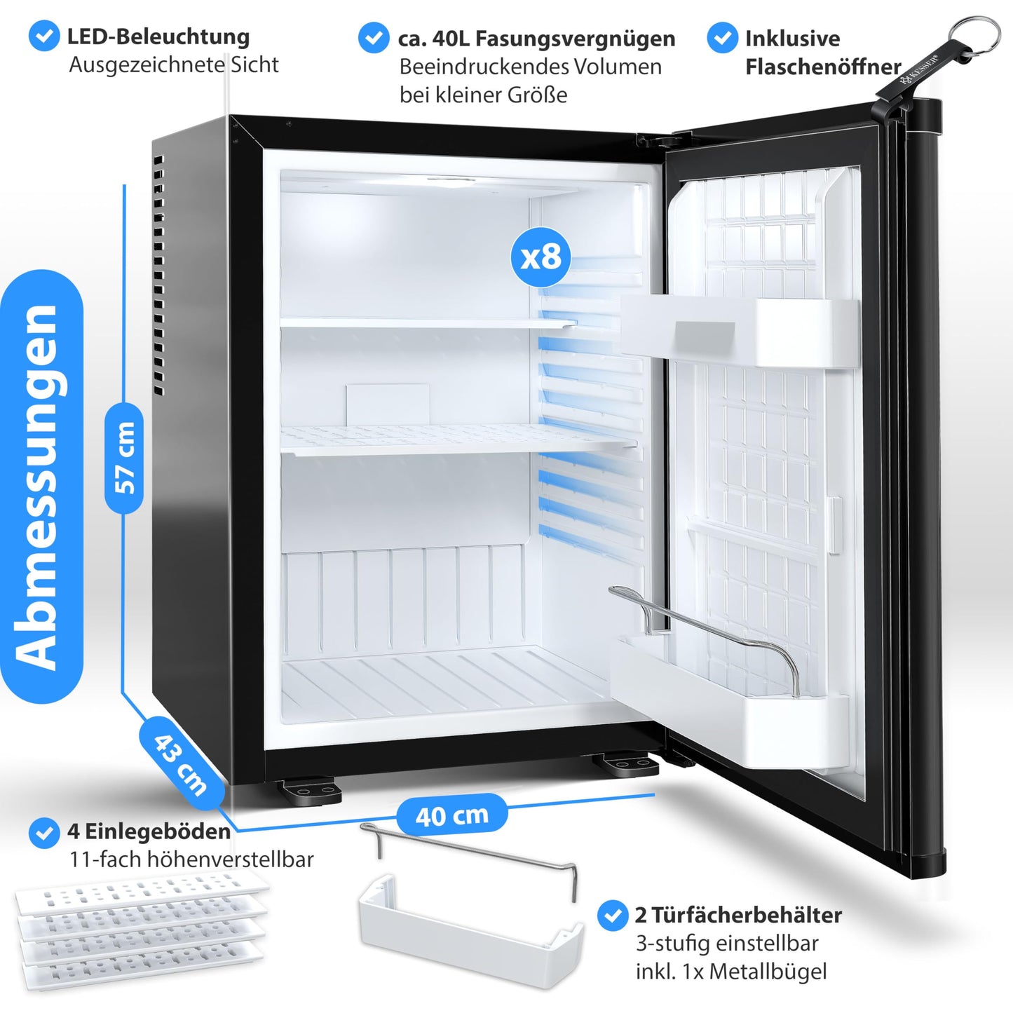 KESSER® Mini Fridge 40 L Lockable Mini Bar Ideal for Camping, Office, Bedroom, Hotel, Kitchen, Small Fridge Completely Silent, Interchangeable Door Hinge, Interior Lighting with Glass Opener