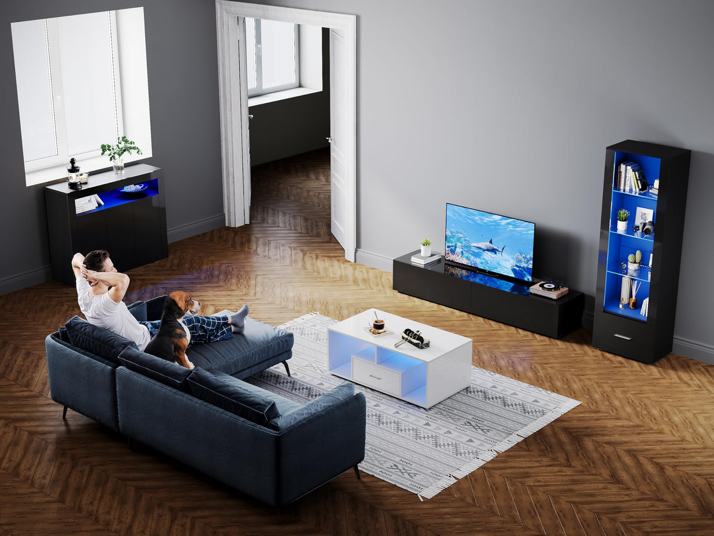SONNI Modern TV Cabinet 180 cm, Lowboard High Gloss White with 16 Colours LED Lighting, Drawer, Open Glass Shelves, TV Stand for TVs up to 65 Inches, Living Room & Bedroom, 180 x 35 x 45 cm