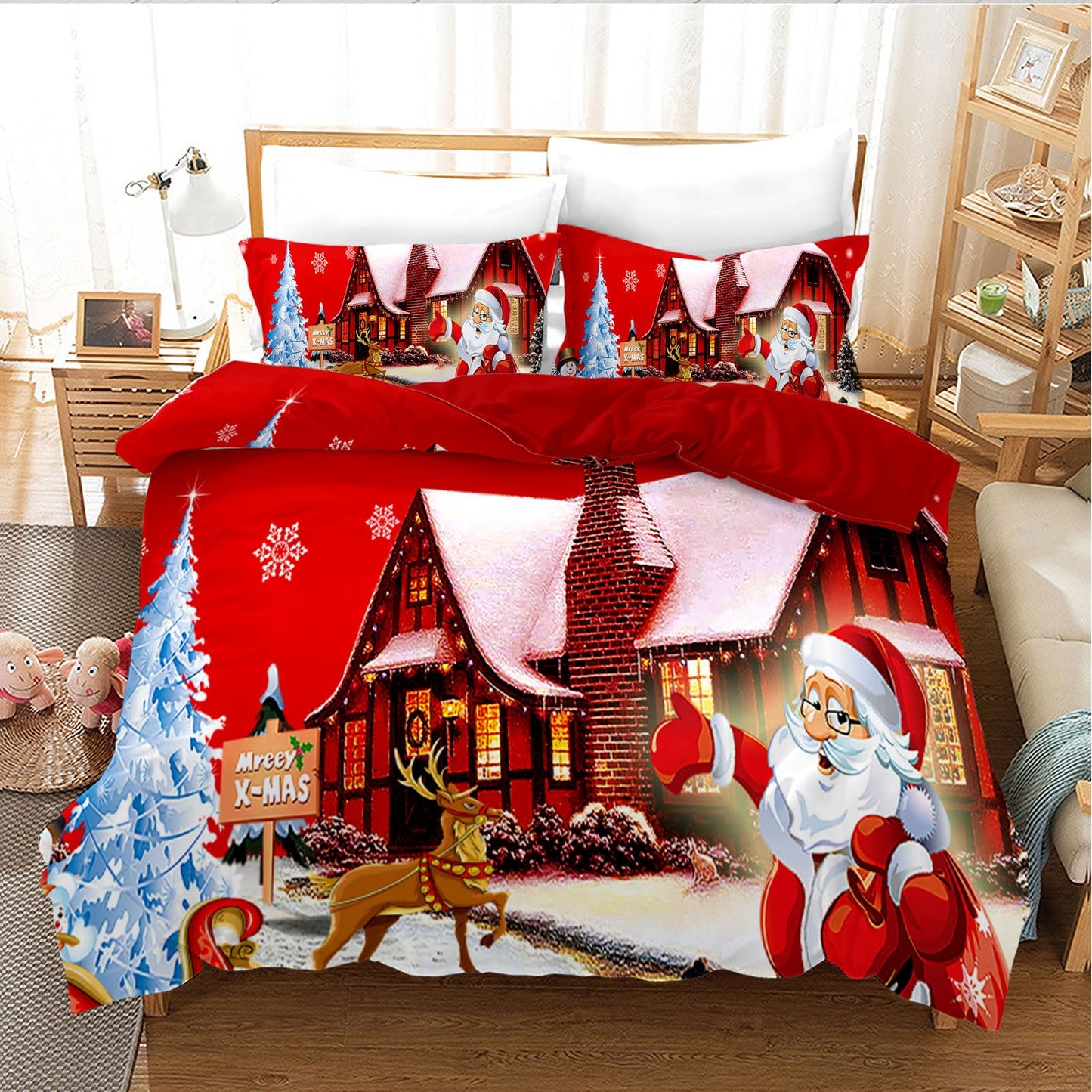 UGZDEA Christmas Bed Linen Set 200 x 200 cm, 3D Christmas Bedding Set with 2 Pillowcases, Santa, Christmas Tree, Deer, Christmas Gift for Teenagers (I, 200 x 200 cm)