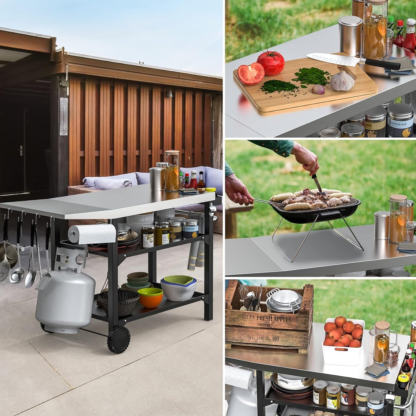 onlyfire Barbecue Trolley 120 × 53 × 81 cm, Grill Table with Large Work Surface, Wheels and Side Table, Serving Trolley 3 Levels, BBQ Table, Outdoor Grill Trolley, Stainless Steel Large Work Surface