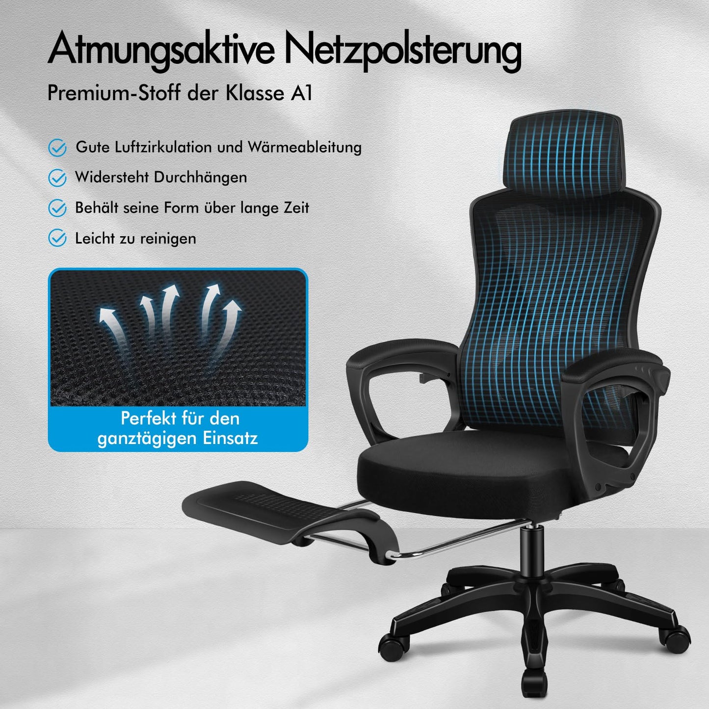 ALFORDSON Bürostuhl, Lendenstütze, Atmungsaktives Netz und Stoff, Hochklappbare/Verstellbare Armlehnen, Hochwertiger Schaumstoff, 180kg für Zuhause & Gaming, Wale, Schwarz