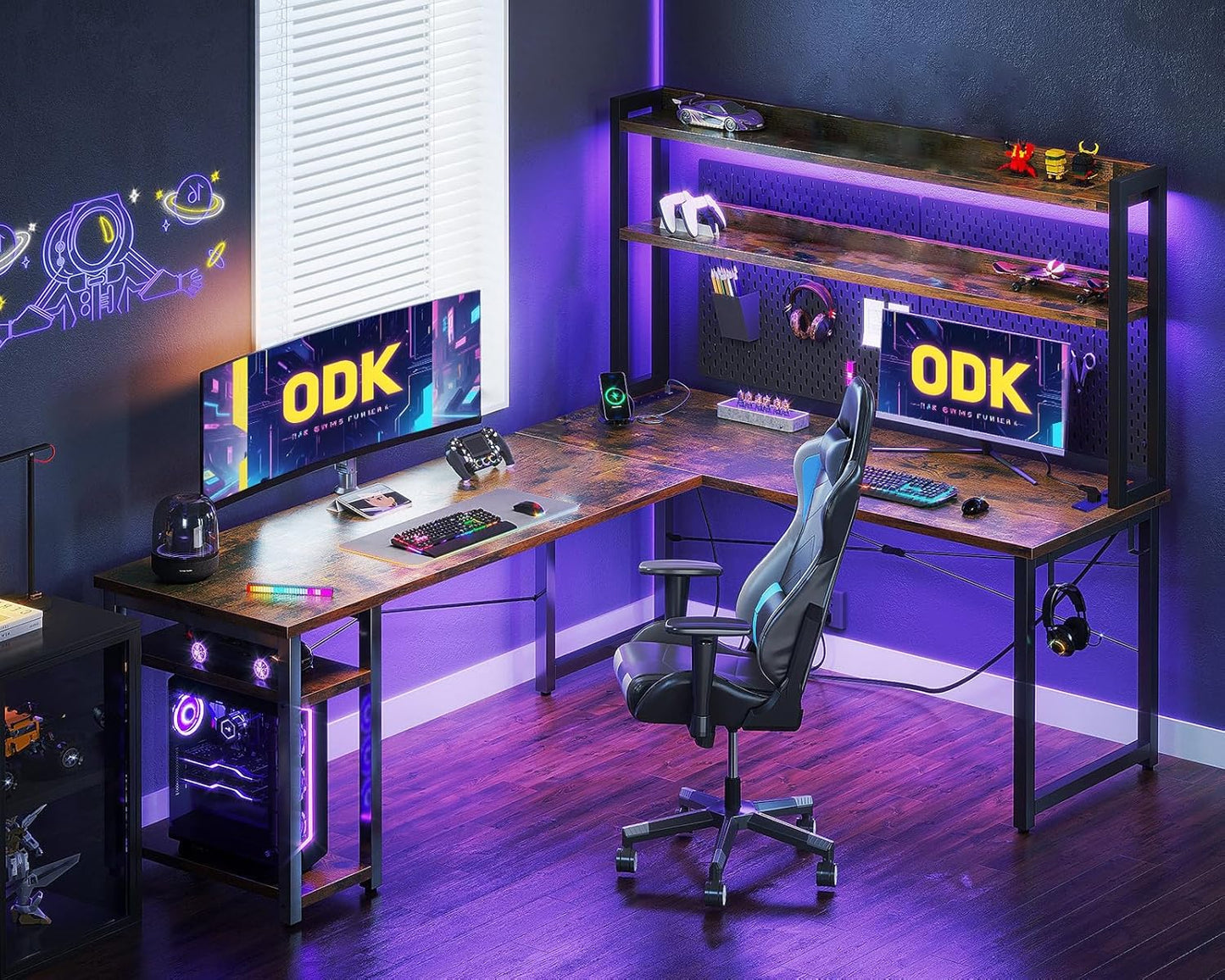 ODK Eckschreibtisch Weiß mit Stall, 150×120 cm Reversibel Gaming Tish L Form mit LED, Computertisch mit USB-Ladeanschluss&Steckdose, Gaming Schreibtisch für das Heimbüro