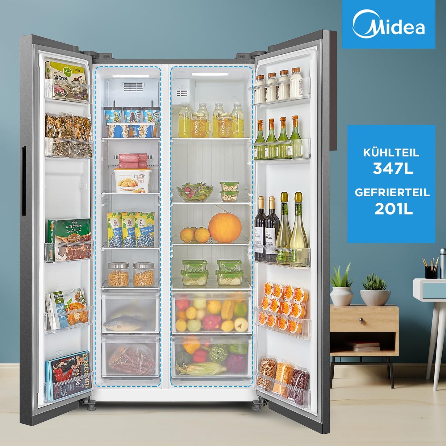 Midea KS-DDX 6.32 WT Side-by-Side Kühl-/Gefrierkombination/ 178,8 cm Höhe/ 254 kWh/Jahr/No Frost/Dual Inverter Compressor/mit 3in1 Wasser-/Eisspender und Wassertank, Dark Inox