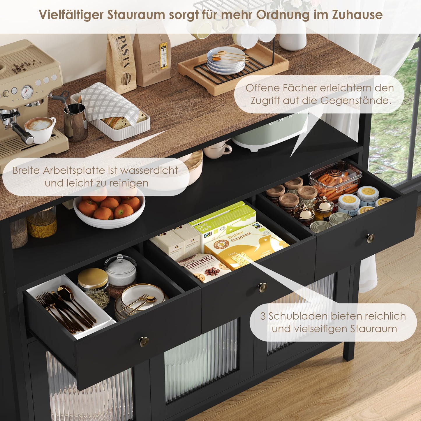 FirFurd Sideboard Küchenschrank mit Arbeitsplatte &3 Schubladen&3 Glastüren, Buffetschrank Kommode Kaffeebar Mehrzweckschrank, Sideboard für Wohnzimmer Küche Esszimmer 108 x 38 x 98,5 cm schwarz