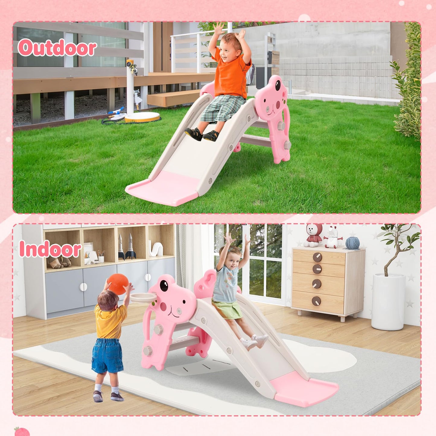 YULEYU Kleinkind Rutsche für Indoor & Outdoor Spielen mit Basketball-Ring, Anti-Rutschschritte, 100cm Baby Kletter, Pink