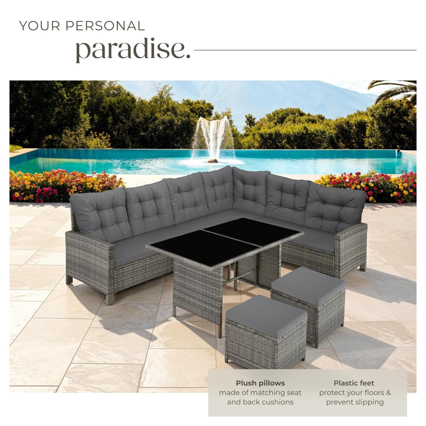 tectake Polyrattan Lounge Set, Garden Furniture Set with Sofa, Stool + Table, Balcony Furniture Outdoor, 5-Piece Seating Set, Including Seat and Back Cushion, Ideal for Garden, Patio, Balcony -