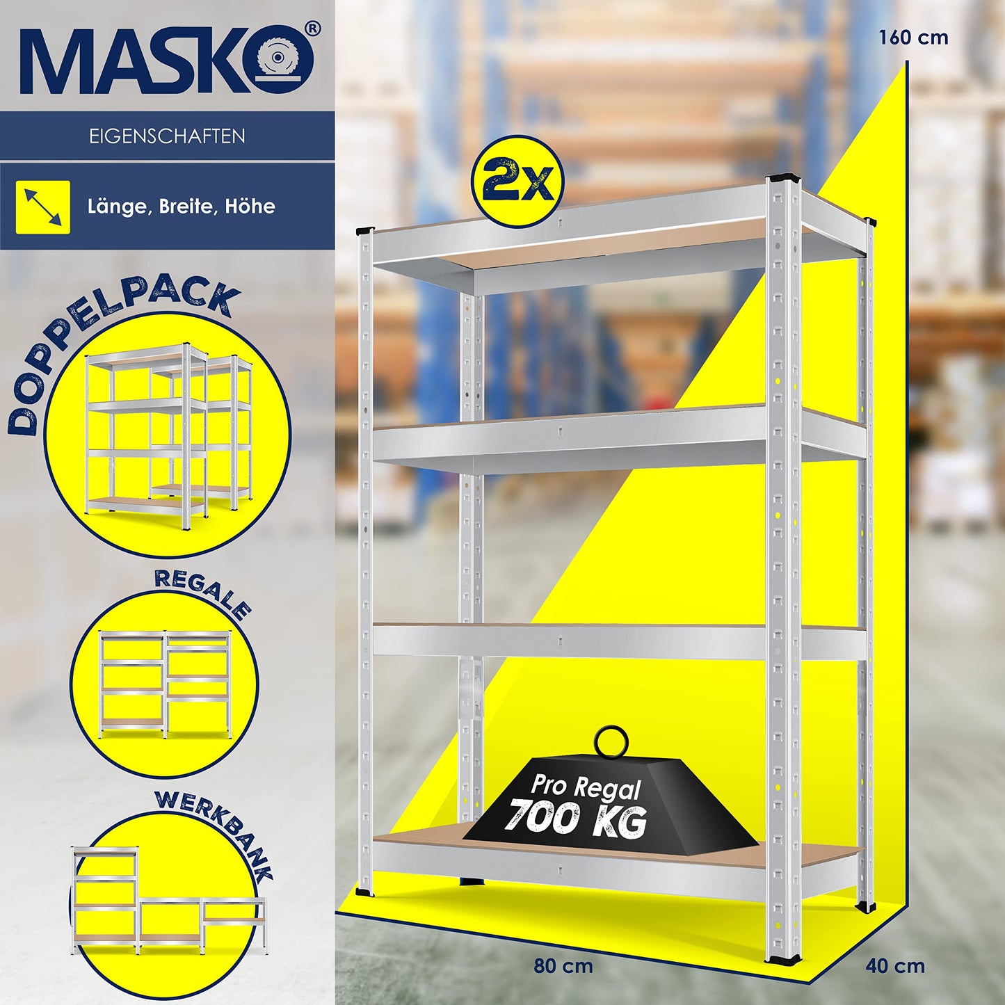 MASKO® Set of 2 Storage Shelves, Heavy Duty Shelves, Basement Shelves, 160 x 80 x 40 cm, Maximum Load 700 kg, 4 Adjustable Shelves, MDF Panels, Boltless Metal Shelf, Workshop, Basement, Garage, Black