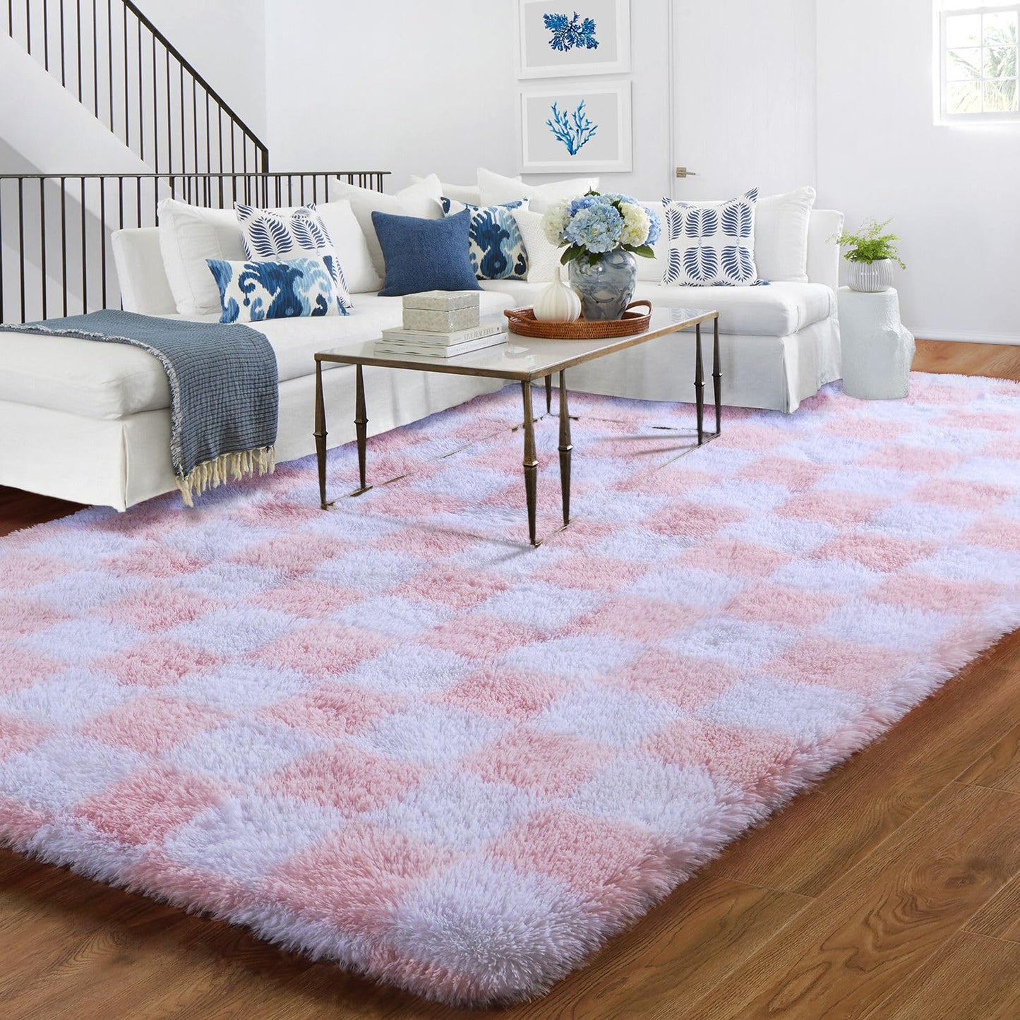 BYBSRLL Checked Rug Pink and White 120 x 180 cm High Pile Soft Fluffy Cuddly Rug Washable Rug Living Room Bedroom Children's Room Girls Non-Slip Rugs for Living Room