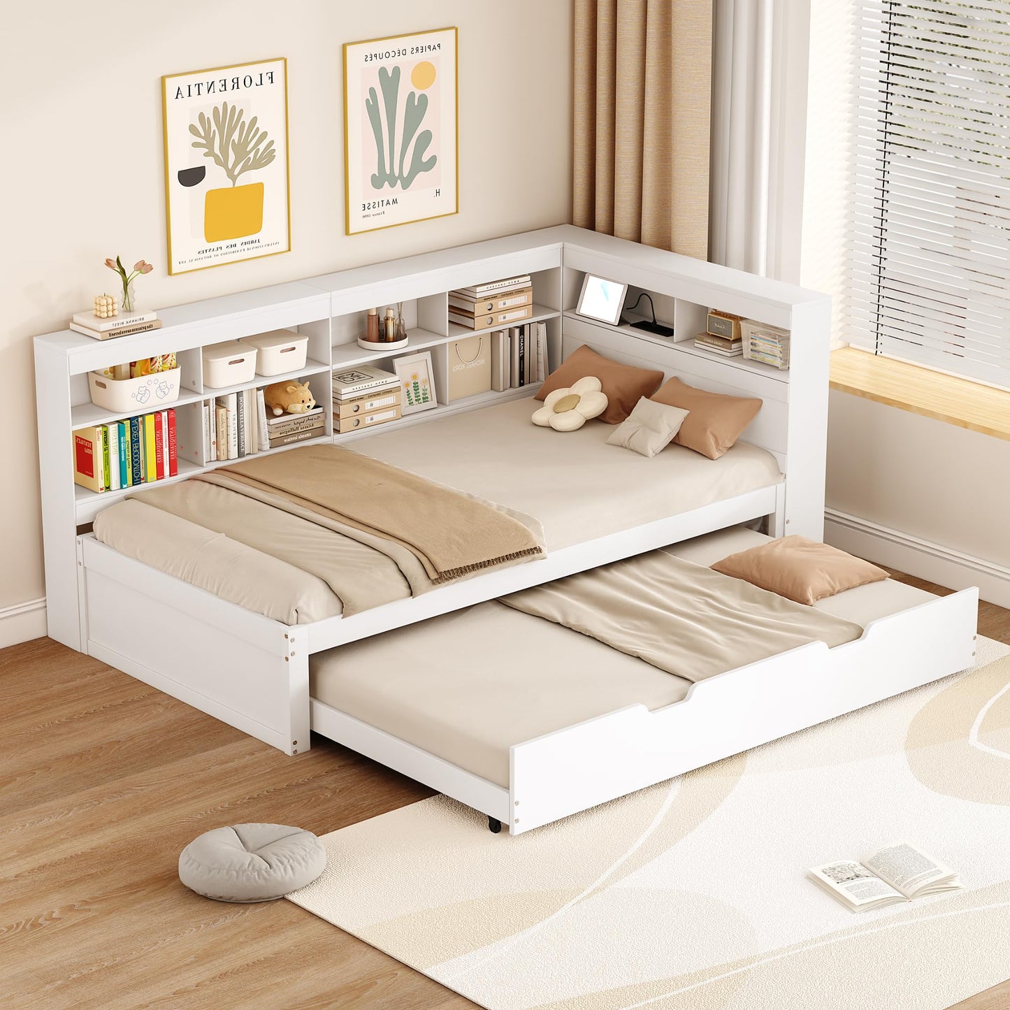xixiworkshop Kinderbett 90x200cm Ausziehbett Bett mit Stauraum und USB-Steckdose/Mehreren Ablagefächern multifunktionales Jugendbett/Gästebett/Doppelbett mit Stauschrank Lattenrost,Ohne Matratze,Grau