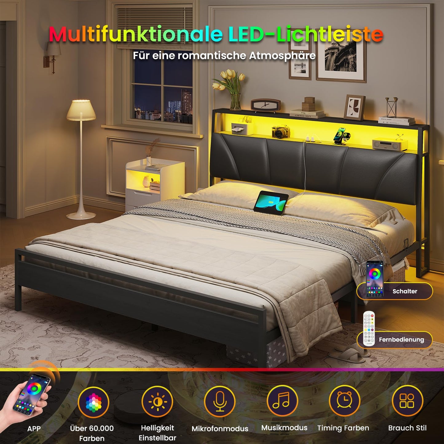 Brinlawb Bed 140 x 200 cm with Metal Slatted Frame, Bed Frame 140 x 200 cm with LED Lighting, Metal Bed 140 x 200 cm with Headboard and Charging Station (2 AC Sockets, 2 USB Ports), Youth Bed, Double
