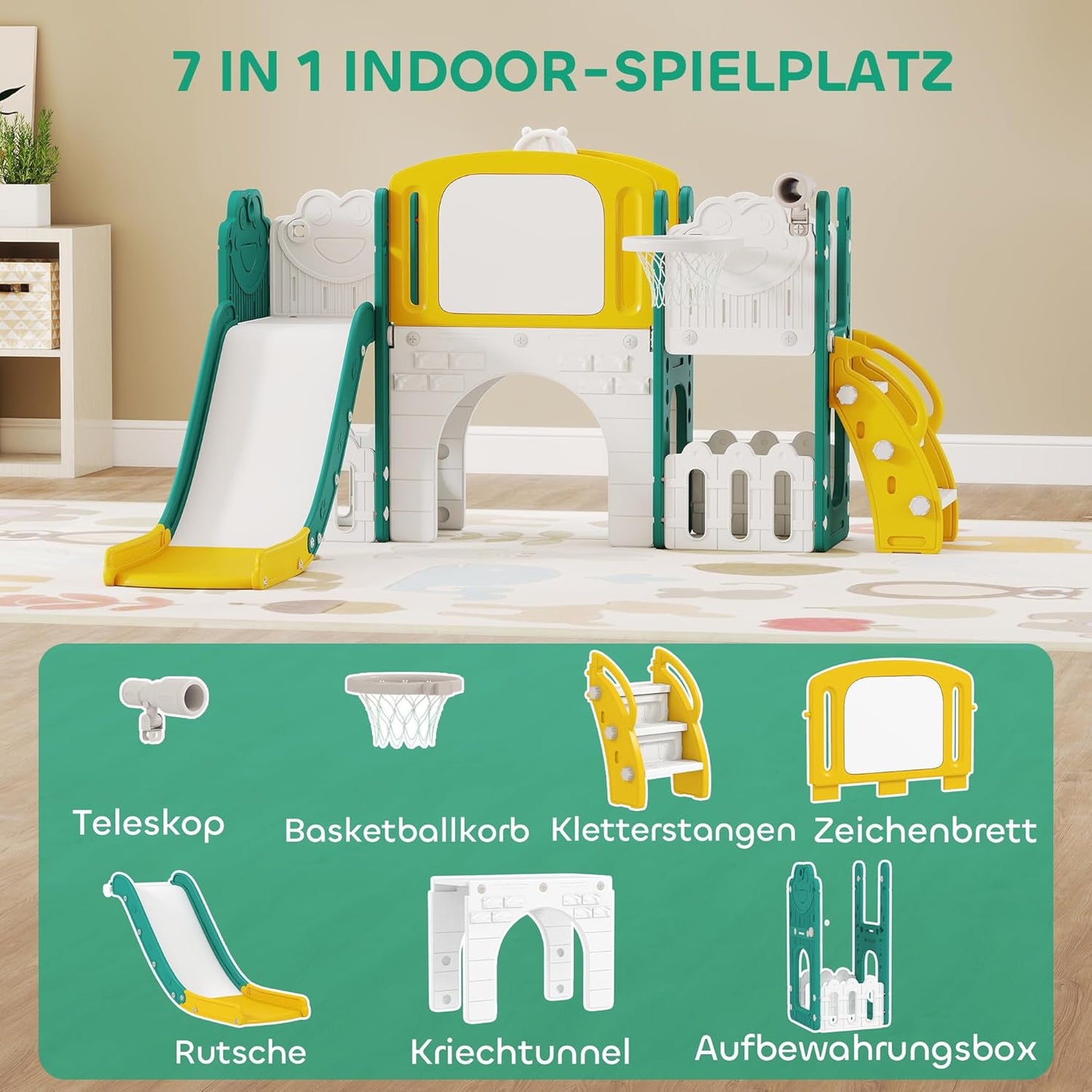 AIYAPLAY Children's Slide 7-in-1 Indoor and Outdoor Baby Slide with Basketball Hoop, Climbing Frame, Tunnel, Play Telescope, Storage Space, Drawing Board, Frog Motif Playground for Toddlers 1-3 Years