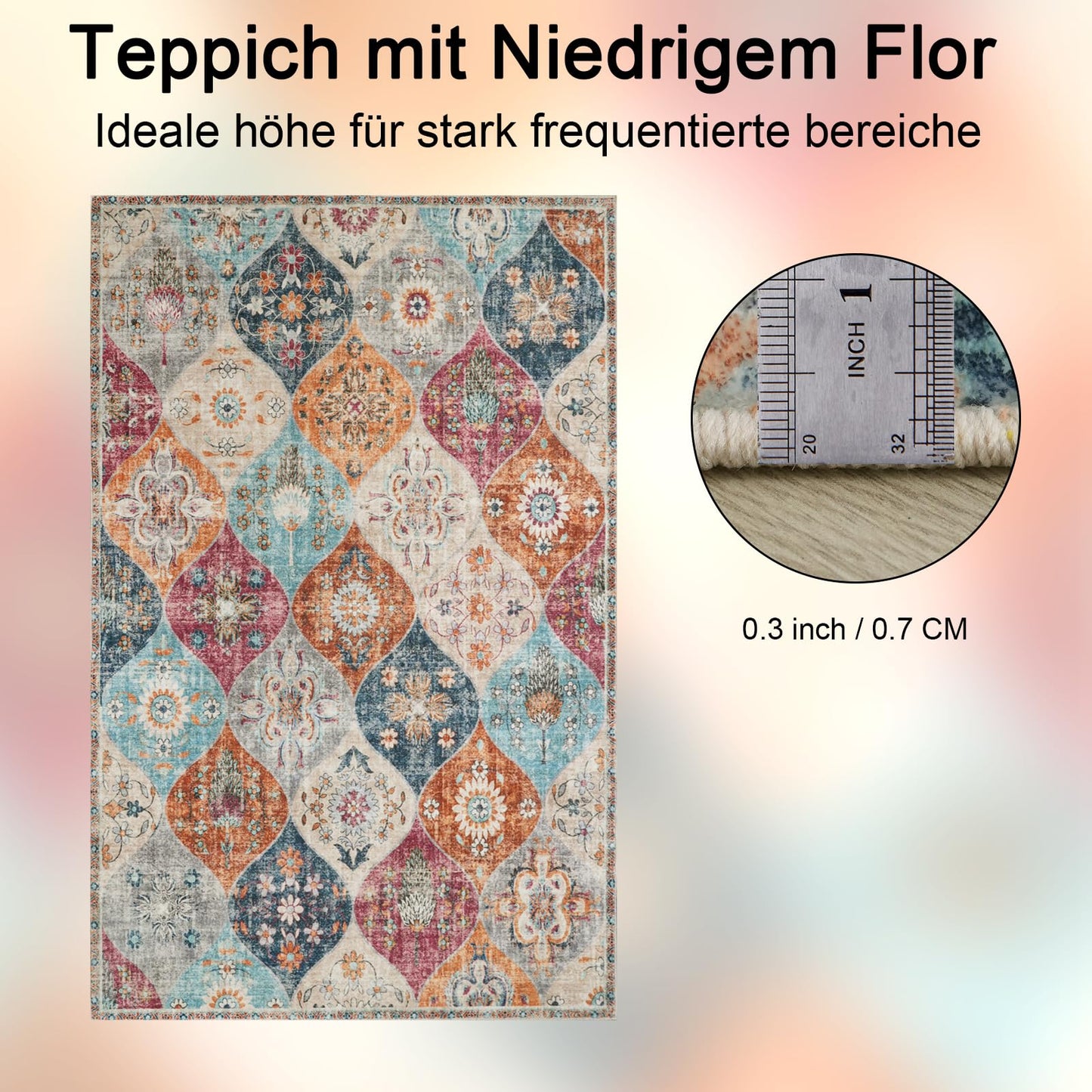 Xfrog Blumen Boho Teppich - Rutschfester Waschbarer Ultraweicher Antiker Niedriger Flor Flächenteppich für Wohnzimmer, Schlafzimmer, Kinderzimmer - 80 x 150 cm