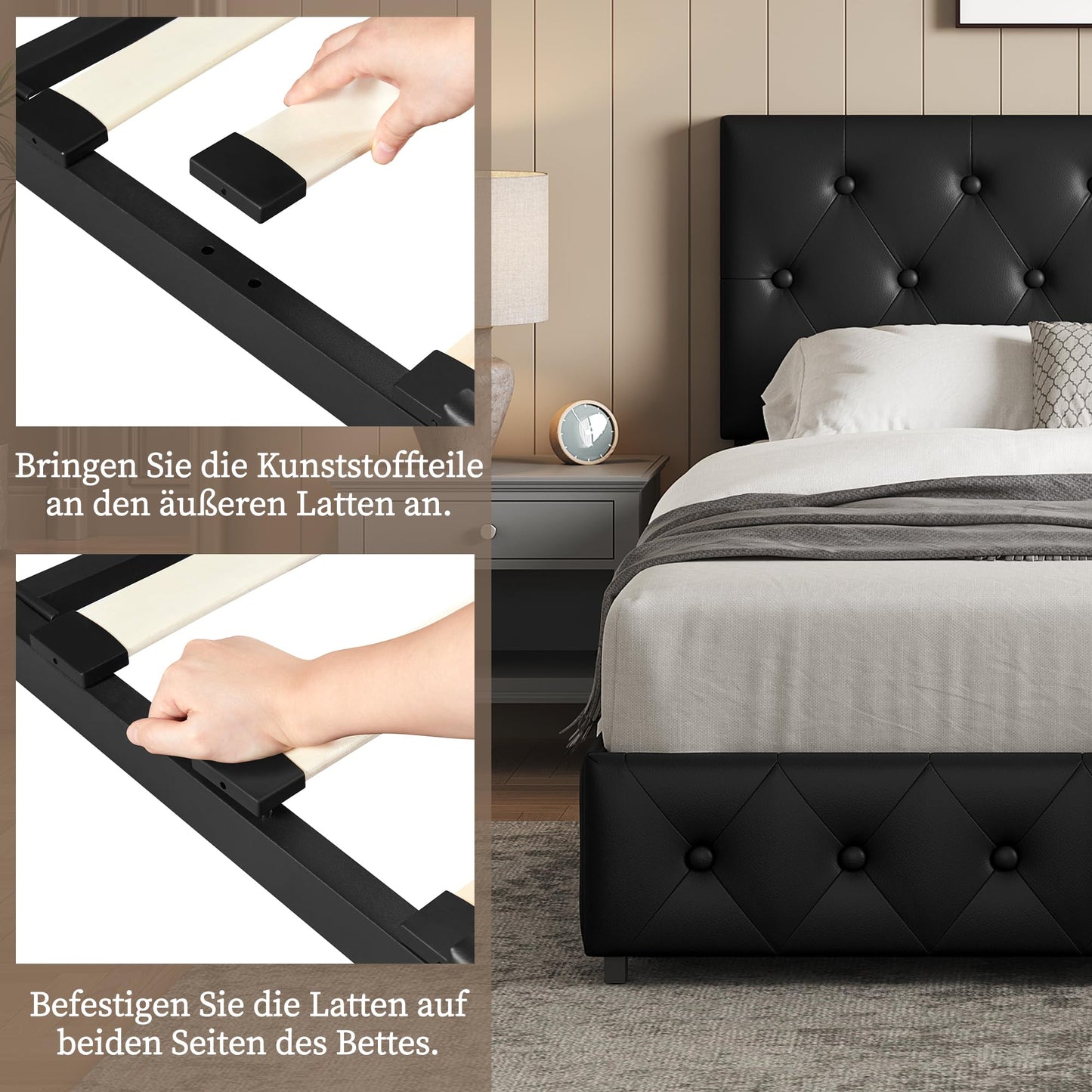 Yaheetech Polsterbett 140 x 200 cm Doppelbett Bettrahmen mit 2 Schubladen höhenverstellbares Kopfteil Gepolstertes Bett mit Lattenrost viel Stauraum, Schwarz
