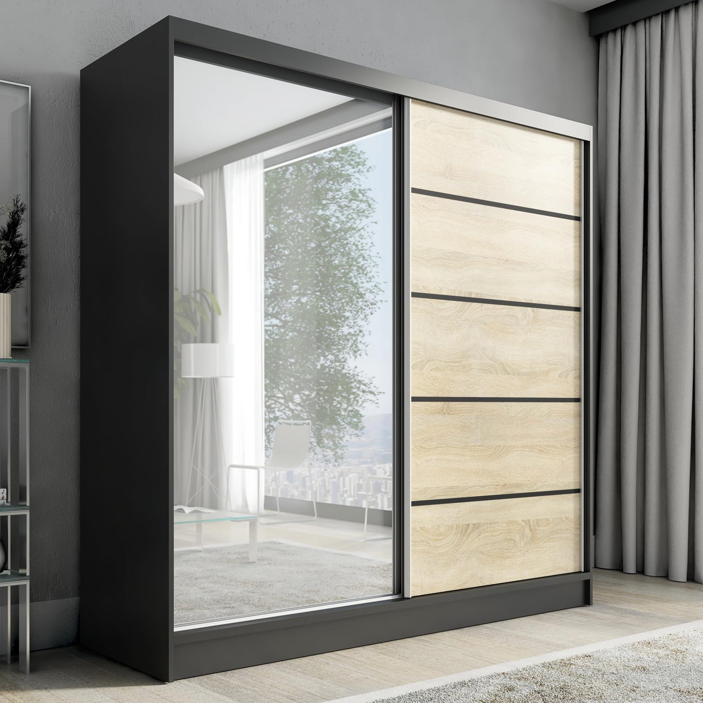 A&J MöbelLand Schwebetürenschrank mit Spiegel, 200 cm, 2 Türen, Schwarz (Schwarz)