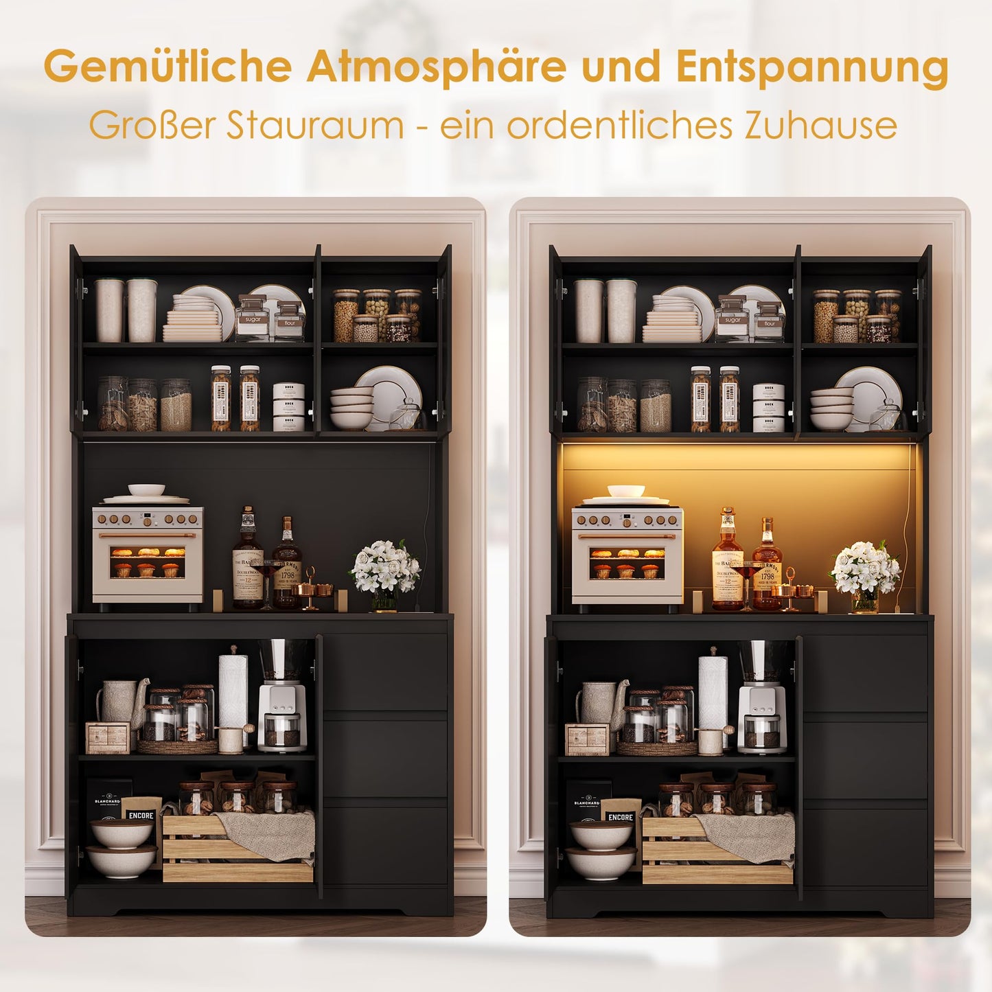 FirFurd Kitchen Cabinet Buffet Cabinet with LED Sideboard for Kitchen with Power Strip Kitchen Cabinet with Worktop and 3 Drawers Kitchen Buffet with Adjustable Shelf 180 x 100 x 38.5 cm (Black)