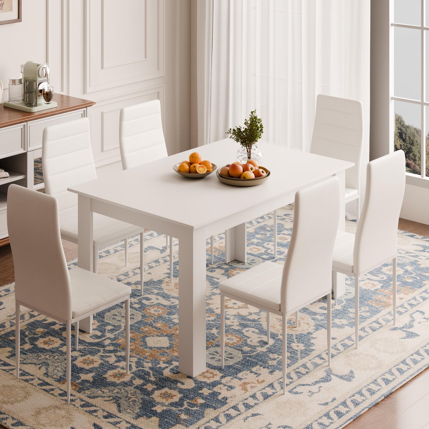 Mondeer Dining Table with 6 Chairs Set, Dining Set with High-Backed Chair, Faux Leather Chair for Kitchen, Dining Room, Living Room, W138 x D90 x H75 cm, White and Grey
